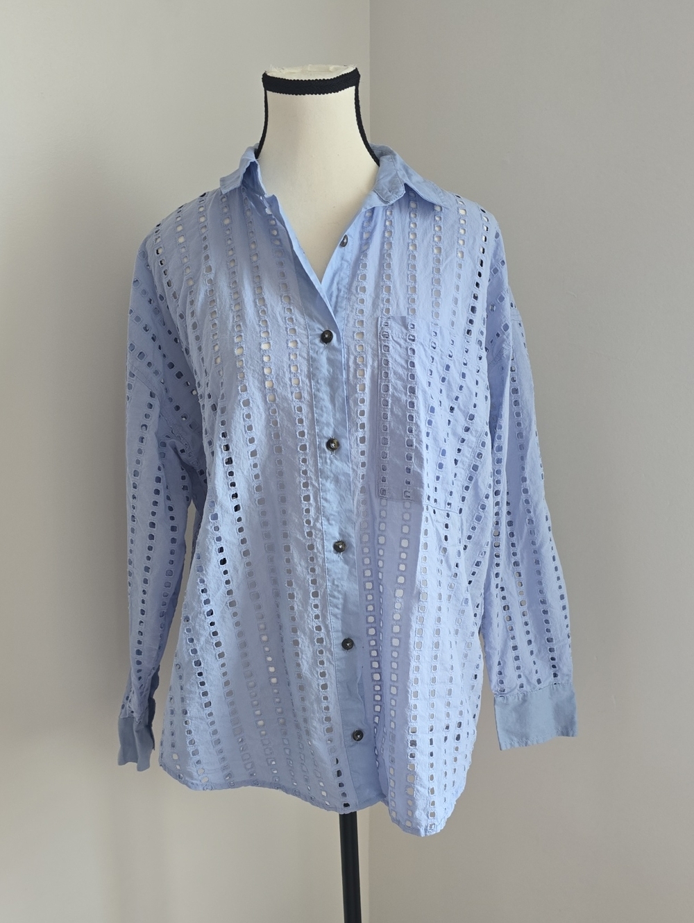 Calia Perforated Oversized 100% Cotton Blue Eyelet Button-Down Cover Up Shirt